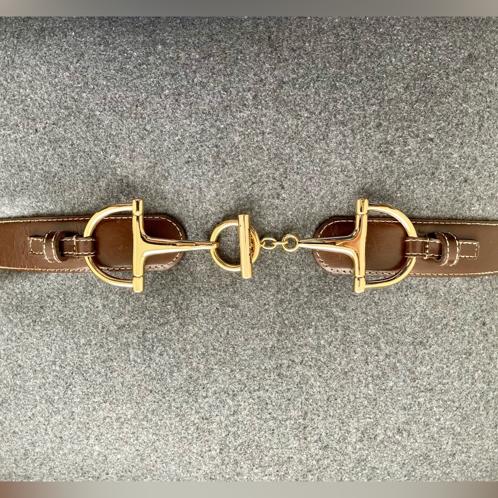 Rare Etienne Aigner Horsebit Leather Belt – Gold Hardware Equestrian Style Brown